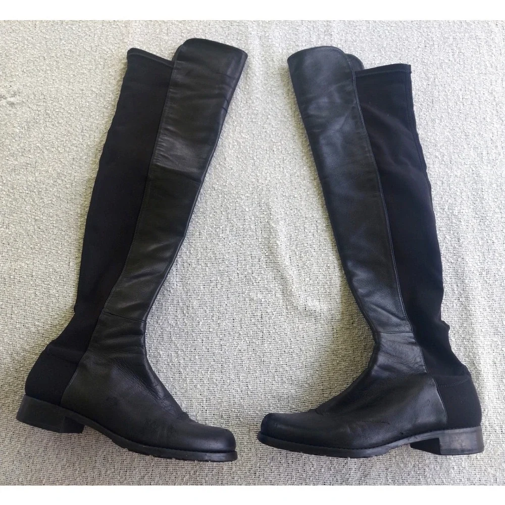 Stuart Weitzman Boots Womens 8.5 Black 5050 Over The Knee Leather Stretch Flat